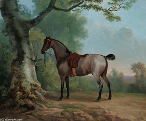 A Saddled Strawberry Roan Hunter, Tethered To A Tree, In A Landscape — Sawrey Gilpin
