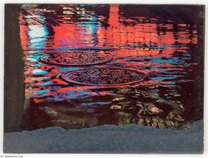 Untitled (red and blue reflections on sewer covers in wet street)