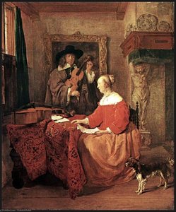 A Woman Seated At A Table And A Man Tuning A Violin — Gabriel Metsu, Baroque