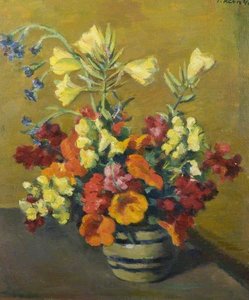 Still Life, Flowers Arranged In A Blue Striped Vase — Theodor Kern
