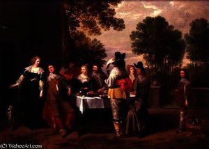 Elegant Company seated at a Table in a Formal Garden