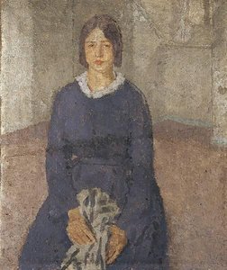 Girl In A Blue Dress Holding A Piece Of Sewing — Gwen John