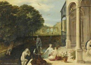 Nymphs bathing in a classical garden setting
