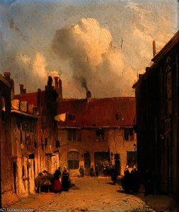 Villagers in a sunlit street