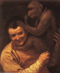 A Man With A Monkey - Oil On Canvas - — Annibale Carracci