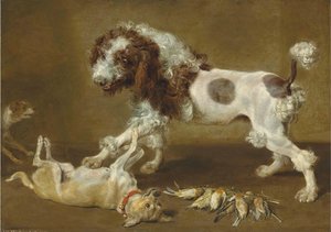 Three dogs playing, with songbirds on the floor