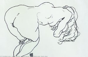 Long-haired nude, bent over, back view