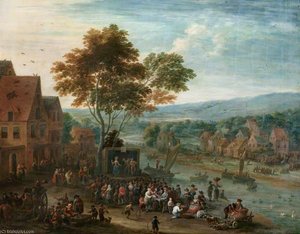 An Extensive River Landscape With Travelling Theatrical Troupe