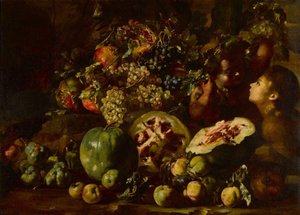 Still Life With Watermelons, Grapes, Apples, Pomegranates And Other Fruits, With Two Children — Michele Pace Del Campidoglio