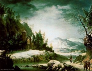 Winter landscape in the Apennines with ruined temple,