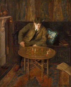 A Young Man Sitting On A Settle Leaning Over A Chess Table — Beryl Fowler