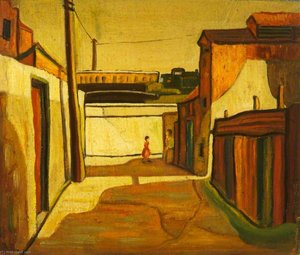 Figures In A Street With A Train Passing In The Background — Charles Byrd