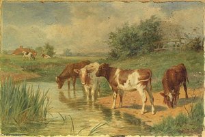 Calves At A Stream Crossing — Claude Cardon