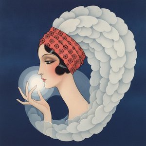 Coral Crowned Profile Amidst Navy Swirls And Luminous Orb — Valentin Laurent De Courcey, Art Deco