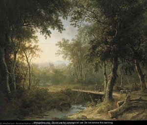 A Figure On A Bridge Before A Village At Dusk