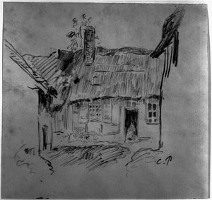 Thatched Cottage with Figure at Door