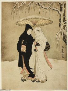 Lovers Beneath An Umbrella In The Snow — Suzuki Harunobu