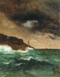 Lighthouse At Dusk — Alfred Émile Léopold Stevens