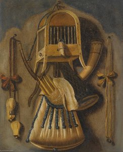 a trompe l'oeil still life with a bird cage, a hunting horn, a bird whistle, and other hunting implements hanging on a wall