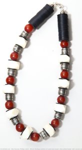 African Heritage necklace of camel bone beads, silver plated beads, with coconut shells