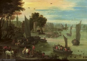 A River Landscape With Numerous Figures In Sailing Boats
