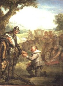 Don Quixote After The Duel With The Brave Biscayan, Leans On His Horse Rosinante, While Sancho Panch — John Vanderbank