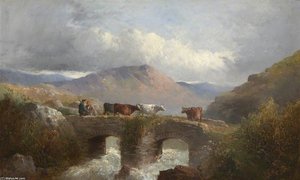 Herdsman With Cattle Crossing Bridge — George Morland
