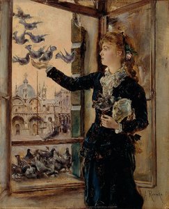 Girl at a window to St. Mark's Square, feeding pigeons