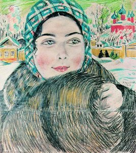 A Young Merchant's Wife In The A Checkered Scarf — Boris Mikhailovich Kustodiev
