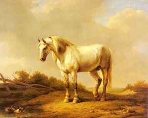 A White Stallion In A Landscape — Eugène Joseph Verboeckhoven, Realism