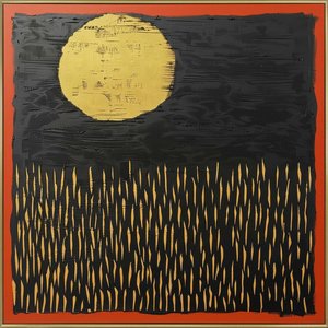Goldene Solstitium über einem rhythmischen Feld aus Obsidian-Schatten und bernsteinfarbenem Licht