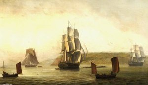 Shipping Warping Into Harbour Off Berry Head — Thomas Luny, Romanticism