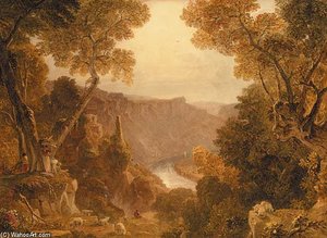Figures Gathering Wood In A Mountainous Landscape — Joshua Cristall