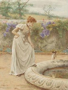 A Lady And Her Dog Looking Into A Fish Pond — George Goodwin Kilburne