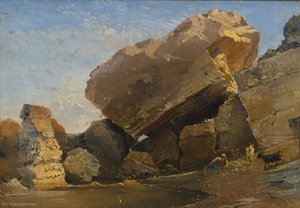 Goatherd With Goats In A Rocky Inlet — Giacinto Gigante