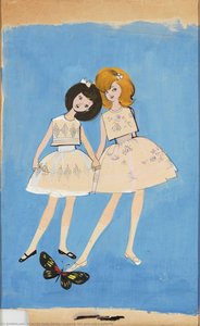 Drawing, two girls and a butterfly