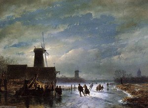 Scaters On Moonlit River Sun — Andreas Schelfhout, Romanticism
