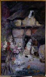 A Mother and Children feeding Rabbits