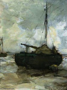 Bomschuit At Low Tide On The Beach — Jan Weissenbruch