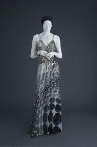 White, black and grey mousseline dress with bead embroidery