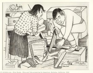 Mine And Toku Preparing For Departure, Berkeley, California, 1942 — Miné Okubo, Social Realism