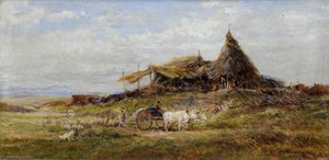 Sheep, Shepherd, Oxcart and Huts in Plain Landscape