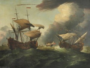 Two English Third Rates At Sea In A Gale — Willem Van De Velde El Anciano