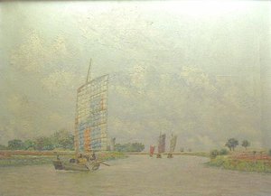 (Riverscape with Asian Sailboats), (painting)