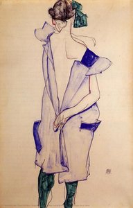 Standing Girl In A Blue Dress And Green Stockings, Back View — Egon Schiele