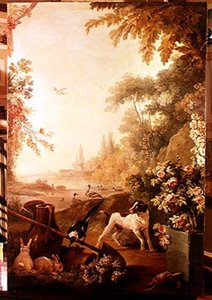 Two Rabbits, A Magpie And A Dog