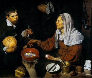 Eine alte Frau beim Kochen von Eiern