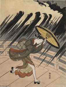 Woman Running To Escape A Sudden Shower — Suzuki Harunobu
