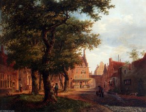 A Village Square With Villagers Conversing Under Trees — Bartholomeus Johannes Van Hove