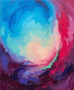 Celestial Vortex In Cyan And Crimson: A Singular Study Of Luminous Chaos — Christian Noiret, Contemporary Abstract